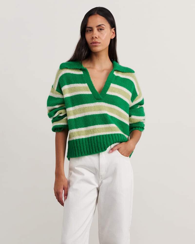 Lily Collared Knit in GREEN/WHITE