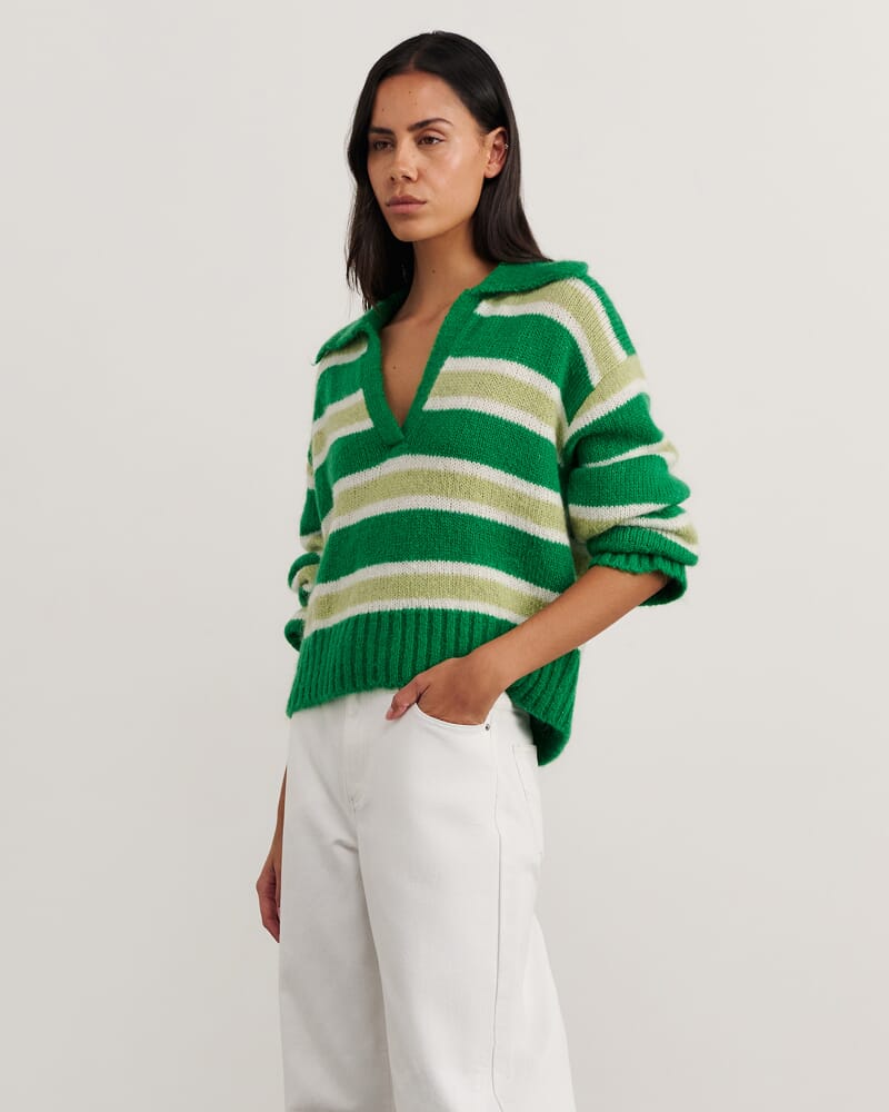 Lily Collared Knit in GREEN/WHITE