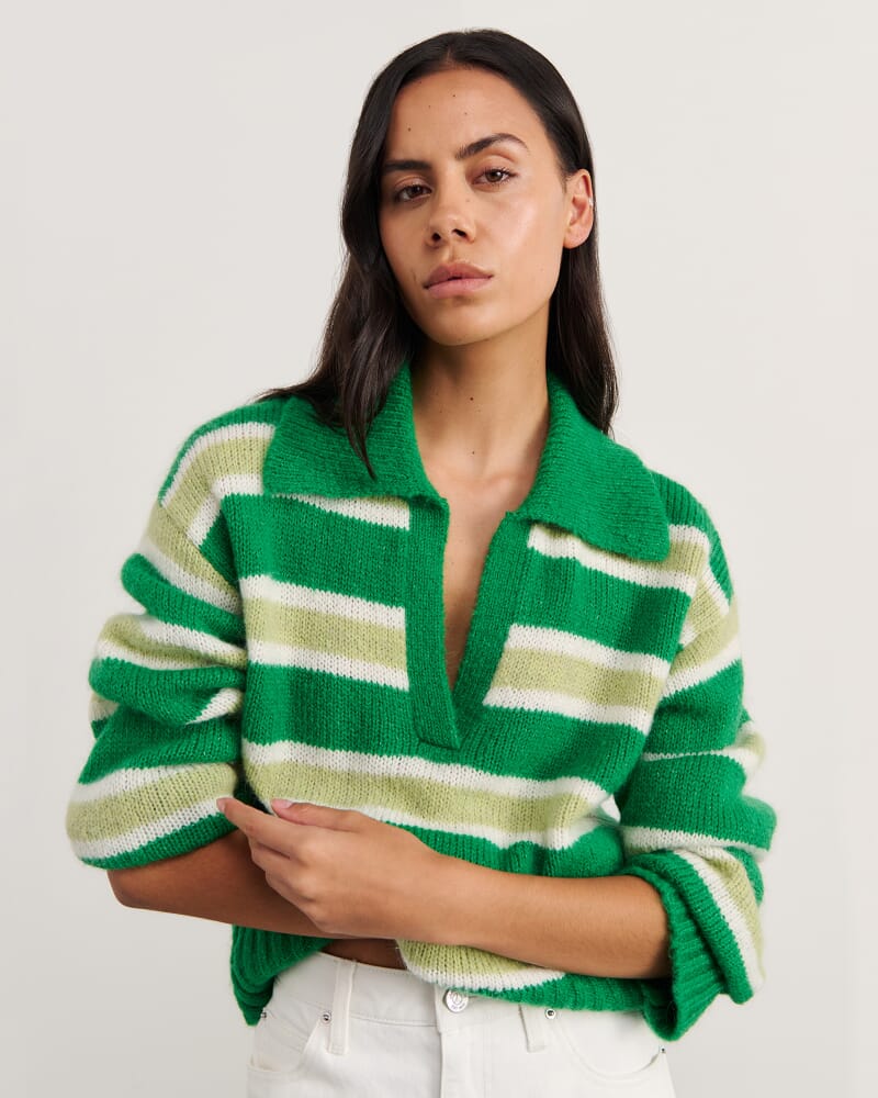 Lily Collared Knit in GREEN/WHITE